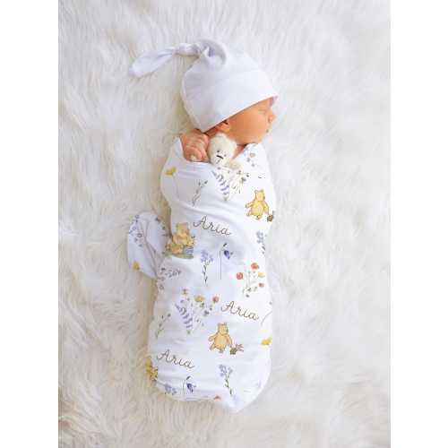 Classic Winnie The Pooh Floral Personalized Baby Name Blanket,Classic Pooh Nursery,Custom Baby Swaddle Headband Set,Custom Baby Shower Gift