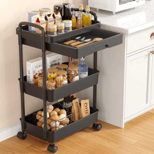 Rolling Utility Cart with Drawer 3 Tier, Plastic Rolling Cart with Handle & Lockable Wheels, Storage Shelves Organizer Cart, Multifunctional Storage Cart for Kitchen Bathroom Office Living Room Black