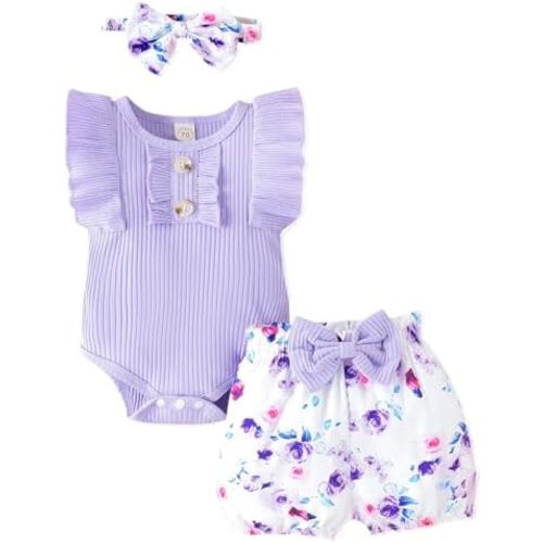 Newborn Baby Girl Clothes Outfits Ruffle Romper and Short Pant Sets with Headband Infant Bodysuits