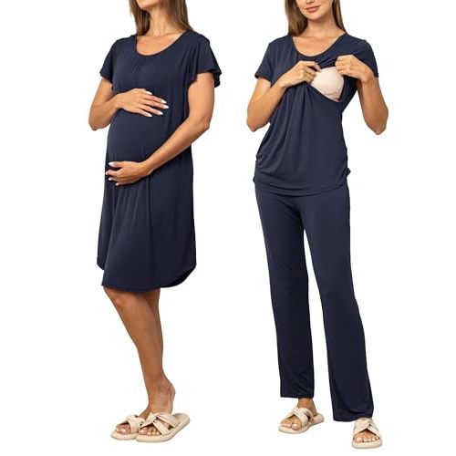 SUNNYBUY Women 3 PCS Maternity Nursing Nightgown Dress & Short Sleeve Breastfeeding Top & Pregnancy Pants Sleepwear Set