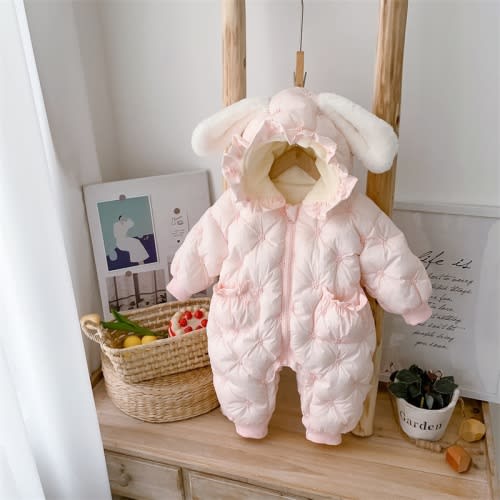 Baby Girl Winter Solid Color Floral Graphics Long Sleeve Hooded Fluff Romper