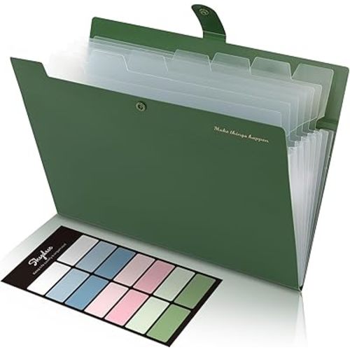 SKYDUE Expanding File Folders with 8 Pockets, Accordion File Organizer with Labels, Portable Paper Bill Receipt Organizer, Letter Size, Home School Office Supplies, Olive Green