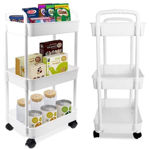 Bathroom Cart with Wheels Kitchen Small Storage Cart 3 Tier Rack Rolling Cart Organizer Shelf, White