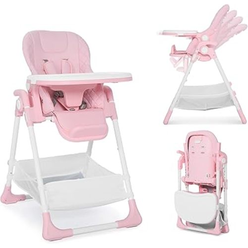 3 in 1 Foldable Baby High Chair, Infant High Chairs for Babies and Toddlers, 6 Height & 4 Recline Adjustable Toddler Feeding Chair, 2 Built-in Wheels, Large Storage Space, Pink
