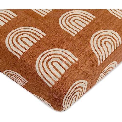 Babyletto 100% Organic Cotton Mini Crib Sheet, GOTS-Certified, Fitted 360°, Ultra-Soft and Breathable Muslin - Terracotta Rainbow