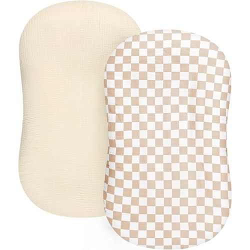 DILIMI Baby Lounger Covers, 2 Pack Muslin Newborn Lounger Cover, Soft Comfortable Removable Infant Pillow Slipcover for Girl and Boy, Beige & Brown Checkered (Lounger not Included)