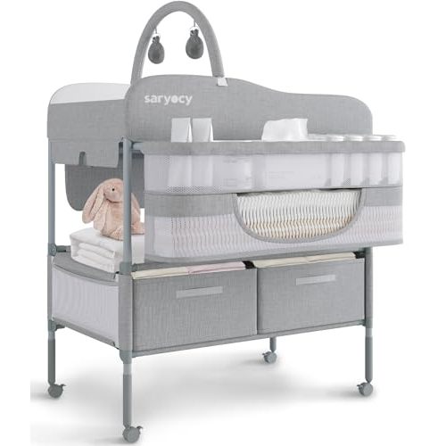 Baby Changing Table, Versatile Folding Changing Table, Waterproof Diaper Changing Station, Adjustable Height with 2 Drawers,Baby Changing Station, Mobile Nursery for Infant and Newborn