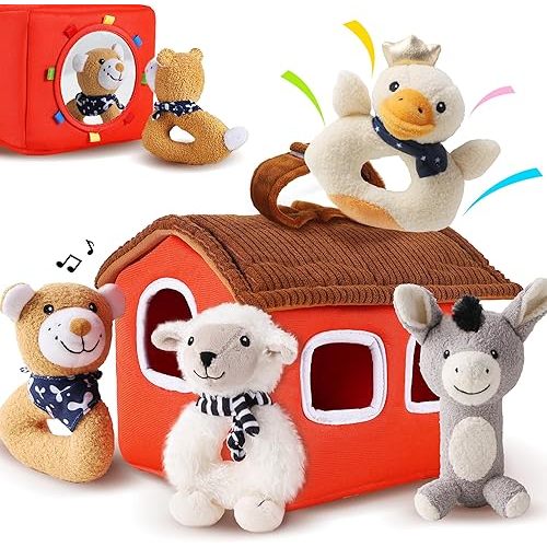 iPlay, iLearn Baby Toys 3 6 12 Month Newborn Gifts, Infant Soft Farm Stuffed Animal Rattles Plush Barn, First Easter Basket Shower Stuffer, Boy Girl Sensory Hand Development Toy 0 2 4 7 9M 1 Yr - Farm