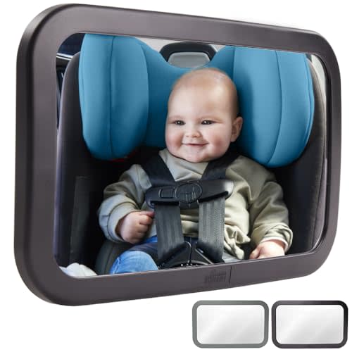 Gorilla Grip Wide View Baby Car Mirror, 360° Rear Facing Seat Rotation Shatterproof Mirrors, Crystal Clear, Child and Infant Backseat Safety, Secure Straps Stay in Place, Travel Gear for Babies, Black