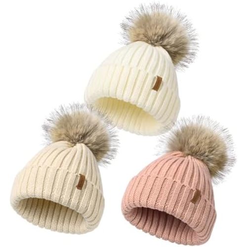 Kids Winter Hat Toddler Stretchy Knitted Beanie with Faux Fur Pom Poms Beanie for Baby Girls Boys 2-24 Months