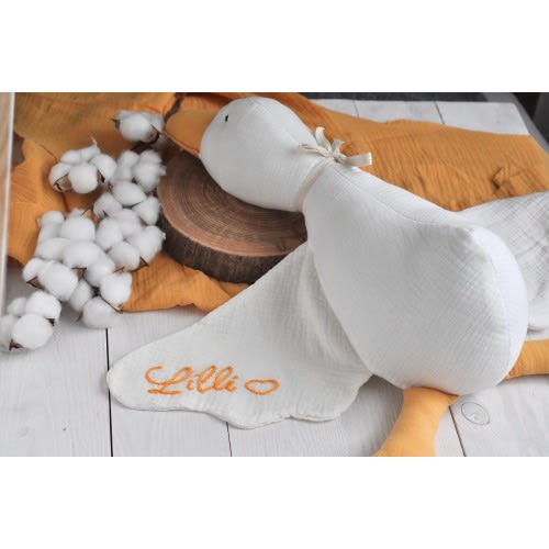 Handmade Goose with Personalized Name on Wing | Muslin Goose Toy | Baby Shower Gift | Goose Lovey | Sleeping Toys for Kids | Organic Duck |