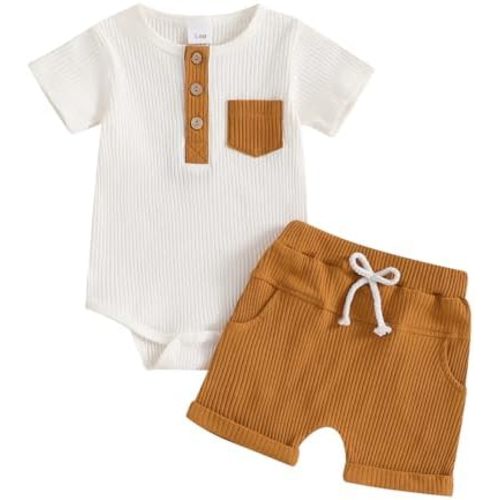 fhutpw Baby Boy Clothes Short Sleeve Romper & Shorts Sets Newborn 3 6 12 Months Summer Knitted Ribbed Splicing Color Outfits