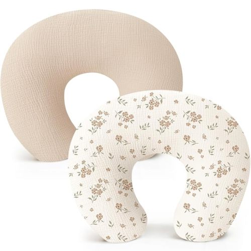 Konssy 2-Pack Muslin Nursing Pillow Covers, Soft & Adorable Nursing Covers for Breastfeeding Pillows, Slipcovers for Newborn Boys & Girls(Cream, Blossom)