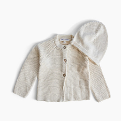 Timo & Violet Knit Cardigan & Hat Set - Ivory Knit, 0-9 M