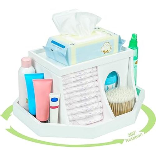Diaper Caddy Organizer, Changing Table Organizer, Wooden Diaper Organizer for Nursery, 360 Degrees Rotating Baby Diaper Storage Organizer with Removable Dividers (White, Round Size)