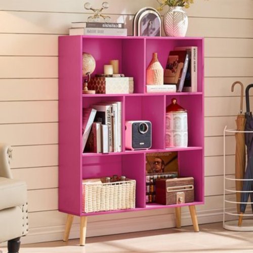 Aukfa 43" Tall Storage Organizer Wooden 7 Cube Bookcase with Legs for Home Office, Pink