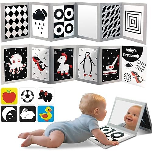 High Contrast Baby Flashcards with Black and White Tummy time Mirror Books, Newborn Brain Development Toys for 0-6 Months Baby as Infants Gift