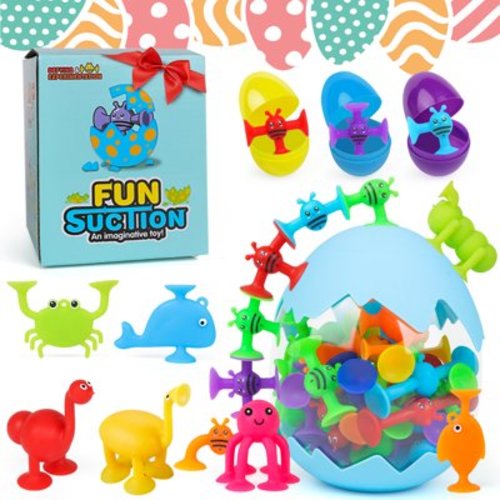 Easter Egg Stuffing Suction Toys for Baby, 40PCS Silicone Suction Cup Animal with Dinosaur Eggshell Storage, Toddler Stress Release Sensory Toys, Easter Basket Filling Gift for Boys Girls Age 1-3