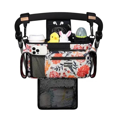 TOPDesign Universal Baby Stroller Organizer, Stroller Caddy with Detachable Mesh Bag & Heightened Insulated Cup Holders & Non-Slip Secure Hooks Accessories, Fits Most Strollers (Trumpet Vine)