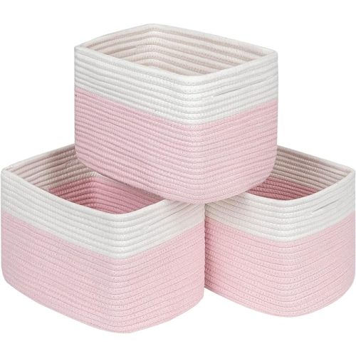 Pink Girls Baby Nursery Rope Toys Baskets , Decorative Woven Storage Baskets for Gift, Cubes Storage Organizer Baskets Bins, Closet Shelf Storage Baskets for Organizing