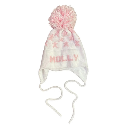 Stars Earflap Hat, White with Light Pink