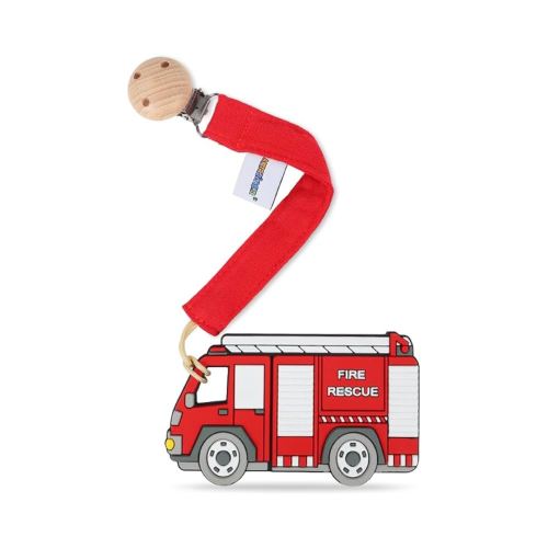 Baby Food Grade Silicone Vechicle Car Teether Toy with Pacifier Clip Holder,Teething Pain Relief Toys Gift Set for 3 Months+ Boys and Girls,Freezer Safe,BPA Free (Fire Truck).