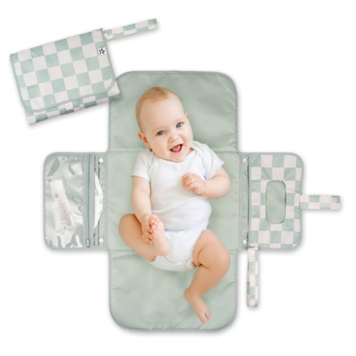 Tiny Twinkle Portable Diaper Changing Pad-Foldable Waterproof Changing Mat&Portable Changing Pad for Travel,Baby Changing Station with Smart Wipes Pocket&Storage (Sage Checkers)