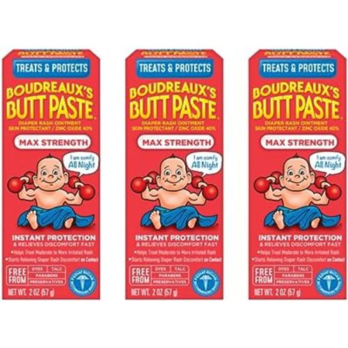 Boudreaux's Butt Paste Maximum Strength Diaper Rash Cream, Ointment for Baby, 2 oz Tube, 3 Pack