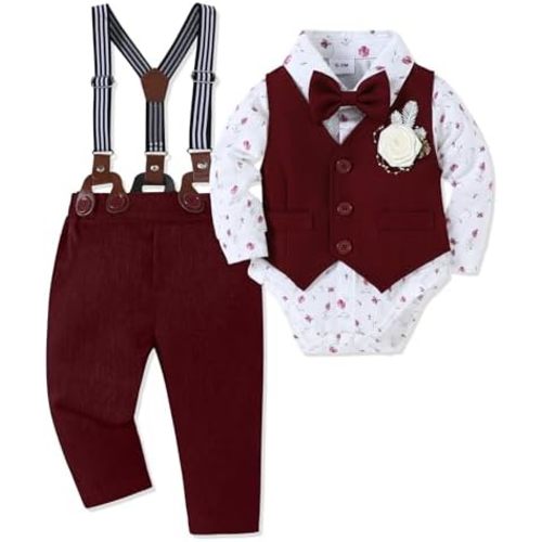 Baby Boy Clothes Suit Infant Gentleman Wedding Outfit Dress Shirt+Bowtie+Vest+Corsage+Suspender+Pants 6Pcs Set 0-24M