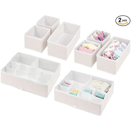 mDesign Fabric Drawer Organizer Bins, Kids/Baby Nursery Dresser, Closet, Shelf, Playroom Organization, Hold Clothes, Toys, Diapers, Bibs, Blankets, Jane Collection, Set of 4, 2 Pack, Cream/White