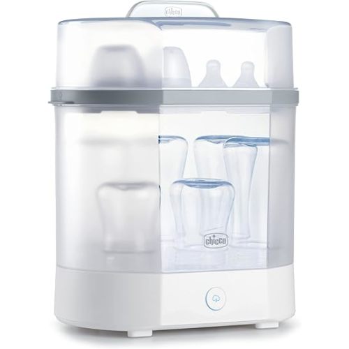 Chicco Baby Bottle Steam Sterilizer 3 in 1 modular system - eliminates 99.9% of harmful bacteria in baby bottles, quickly and naturally with the power of steam, White/Grey