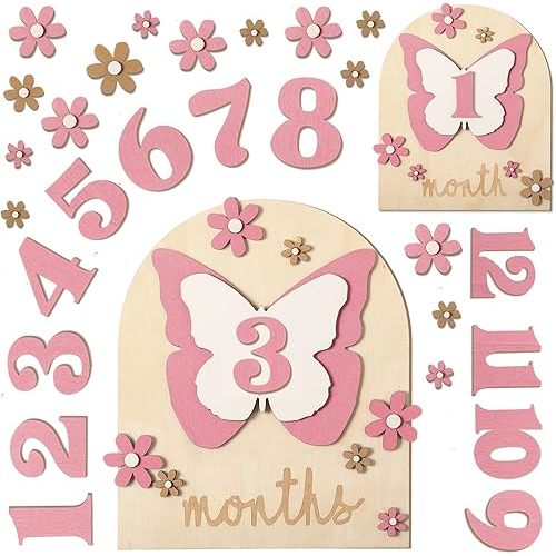 26 Pcs Baby Monthly Milestone Cards Set, 7 x 6 Inch Wooden Monthly Milestone Discs Milestone Wooden Circles One Month Baby Sign Milestone for Girl(Butterfly)