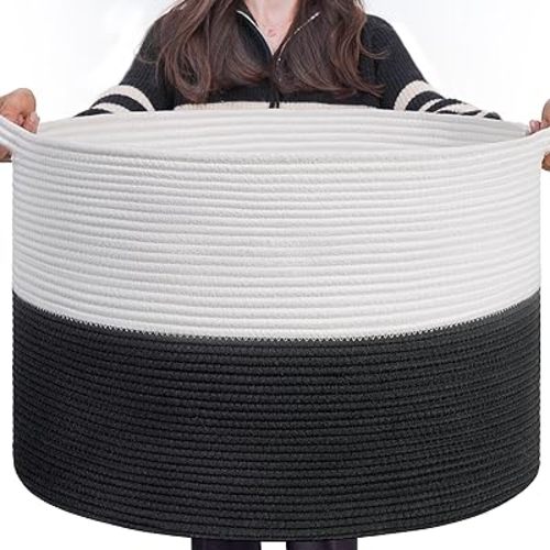 INDRESSME Large Cotton Rope Baskets for Storage, 21.7 x 13.8 Blanket Storage for Living Room Toy Baskets Kids, Baby Laundry Basket for Dirty Clothes, Pillows, 90L White & Black