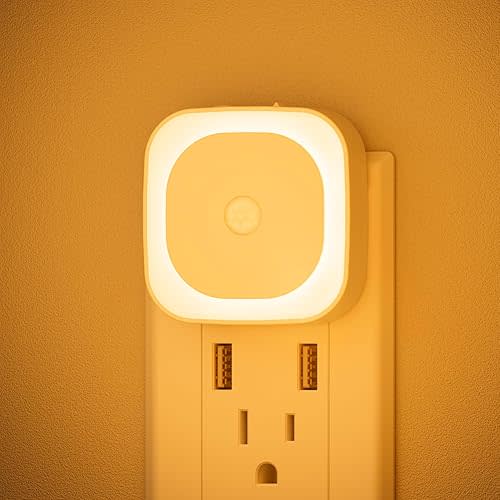 2 Pack Plug in Night Light with Motion Sensor & Dusk to Dawn Sensor, 3 Sensor Modes, Dimmable Night Lights Plug into Wall, Amber Nightlight
