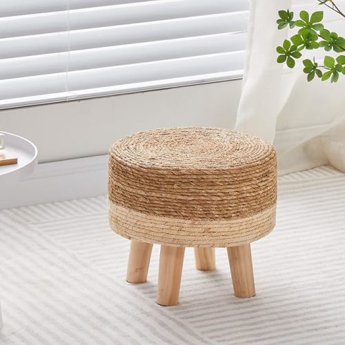 Wimarsbon Round Foot Stool Natural Seagrass Poufs Ottoman Hand Weave Footrest Stool for Couch Desk Extra Seat Step Stool with Solid Wood Legs for Hallway Patio Lounge White