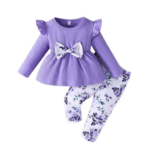 Fainosmny Baby Girls Erfly Print Long Sleeved Long Sleeve Top + Trousers 2 Sets Purple 9M-12M