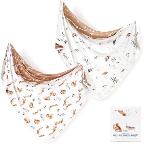 GRSSDER Baby Blankets Super Soft Stretchy Jersey Swaddle Blanket 2 Pack for Girls and Boys, Double Layer Reversible Receiving Blankets 34 x 44, Extra Large for Swaddling, Squirrel & Jungle