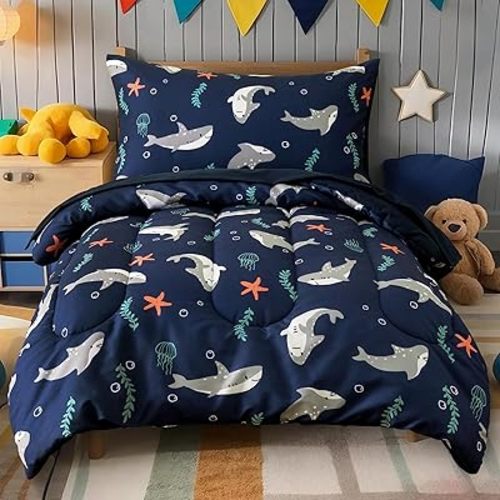 PHF 4 Piece Toddler Bedding Set, Ultra Soft Toddler Comforter Sets Include Comforter, Fitted Sheet, Flat Top Sheet and Pillowcase for Boys, Christmas Bed in A Bag for Baby Bedroom, Shark