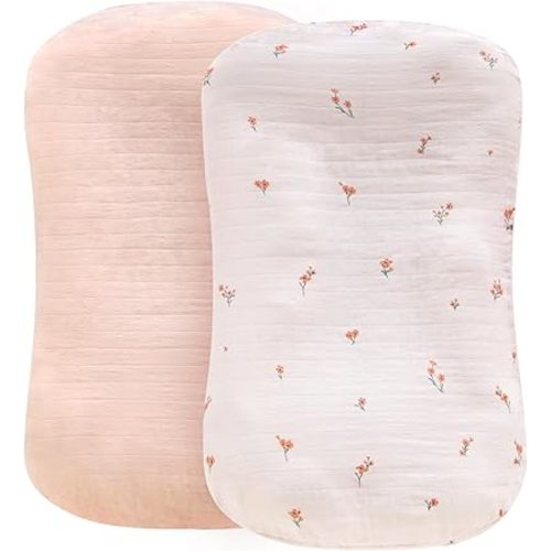 LifeTree Muslin Baby Lounger Cover Neutral, 2 Packs Newborn Slipcover Lounger Cover for Boys Girls Infant, Soft Organic Cotton, Cover Only, Flower and Peach Pink Pattern, 30.7in x 20in