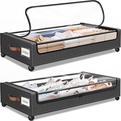 Under Bed Storage with Wheels 2Pack Storage Containers with Clear Window&Label Under Bed Drawers Rolling Under Bed Storage for Clothes,Shoes, Blankets (30.71 x 16.93 x 6.69 in, Dark Grey)