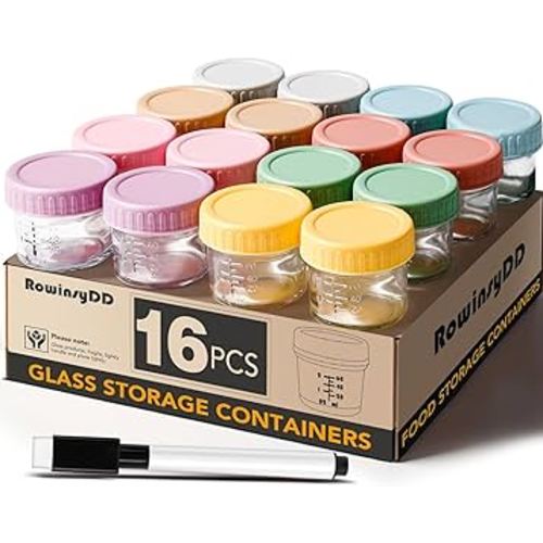 16 Pack Glass Baby Food Storage Containers, 4 oz Leakproof Baby Food Jars with Lids, Small Glass Food Containers for Infant Baby Food, Freezer & Microwave Safe, BPA Free