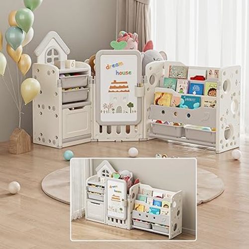 3 in 1 Kids Toy Storage Organizer with Drawing Board, Foldable Multifunctional Toy Organizer with 4 Removable Bins and 3-Tier Bookshelf for Kids Bedroom Playroom Living Room, Off-White