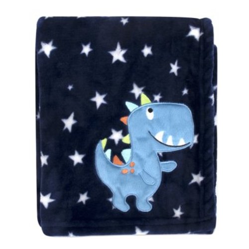 Baby Essentials 36”L x 30”W Embroidered Playful Soft Plush Fleece Throw Blanket for Newborns, Infants and Toddlers for Sleep, Cuddling, Swaddling and Lounge with Blue Dino