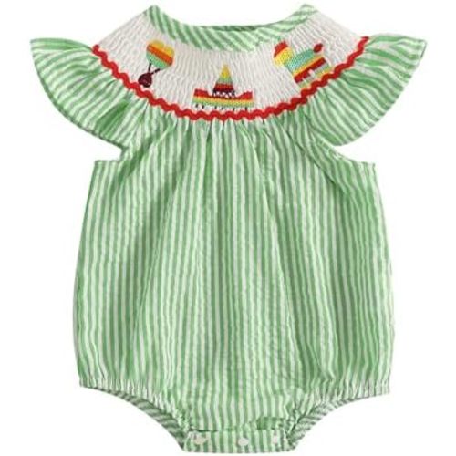 Karuedoo Newborn Baby Girl Cinco De Mayo Outfit Embroidery Stripe Flutter Sleeve Smocked Bubble Romper Mexican Fiesta Outfit