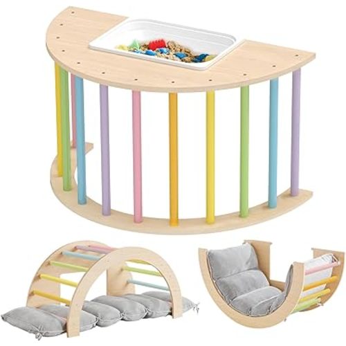 Beright 3 in 1 Climbing Arch Sensory Table with Gray Cushion for Kids, Montessori Wooden Climbing Toys, Kids Sensory Table with a Storage Bin, Rocker Board, Indoor Gym Learning Playset, Rainbow