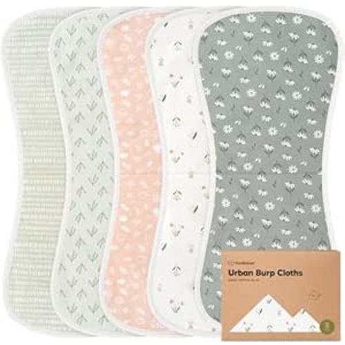 Organic Burp Cloths Baby Boy & Girl - 5-Pack Super Absorbent Cotton Burping Cloths for Babies, Soft & Plush Newborn Spit Up Rags, Infant Towels for Milk Spit Up, Unisex, Large 21" x 10" (Fleur)