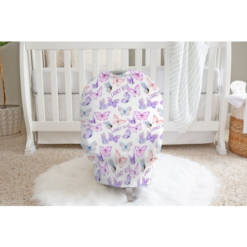 Personalized Butterfly Baby Car Seat Cover, Custom Baby Gifts With Name, Pink and Purple Boho Butterfly Nursery, Newborn Baby Girl Cover