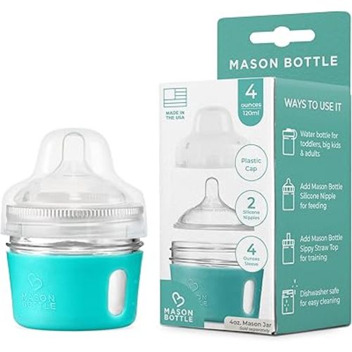 Mason Bottle 4oz Glass Baby Bottle DIY Kit - Fits Any 4oz Mason Jar - Includes 1x Silicone Sleeve, 1x Plastic Cap, & 2X Silicone Slow Flow Nipples (Ring/Lid & Jar NOT Included) - Made in USA
