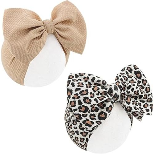 2Pcs Baby Girl Bows Leopard Print Headbands for Girls 7’’ Brown Bow Toddler Hair Accessories Newborn Infant Baby Hair Wrap