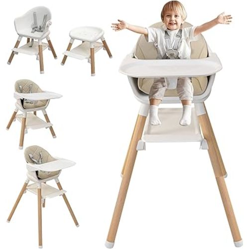 6-in-1 Wooden High Chair, High Chairs for Babies and Toddlers, Baby Highchairs with Adjustable Legs & Dishwasher Safe Tray,5-Point Harness, PU Cushion and Footrest for Baby, Girl, Toddlers